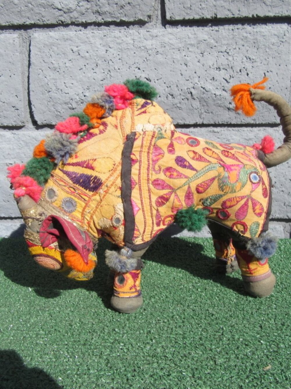 Vintage Indian Patchwork Cloth Standing Bull Folk Art Mixed Materials